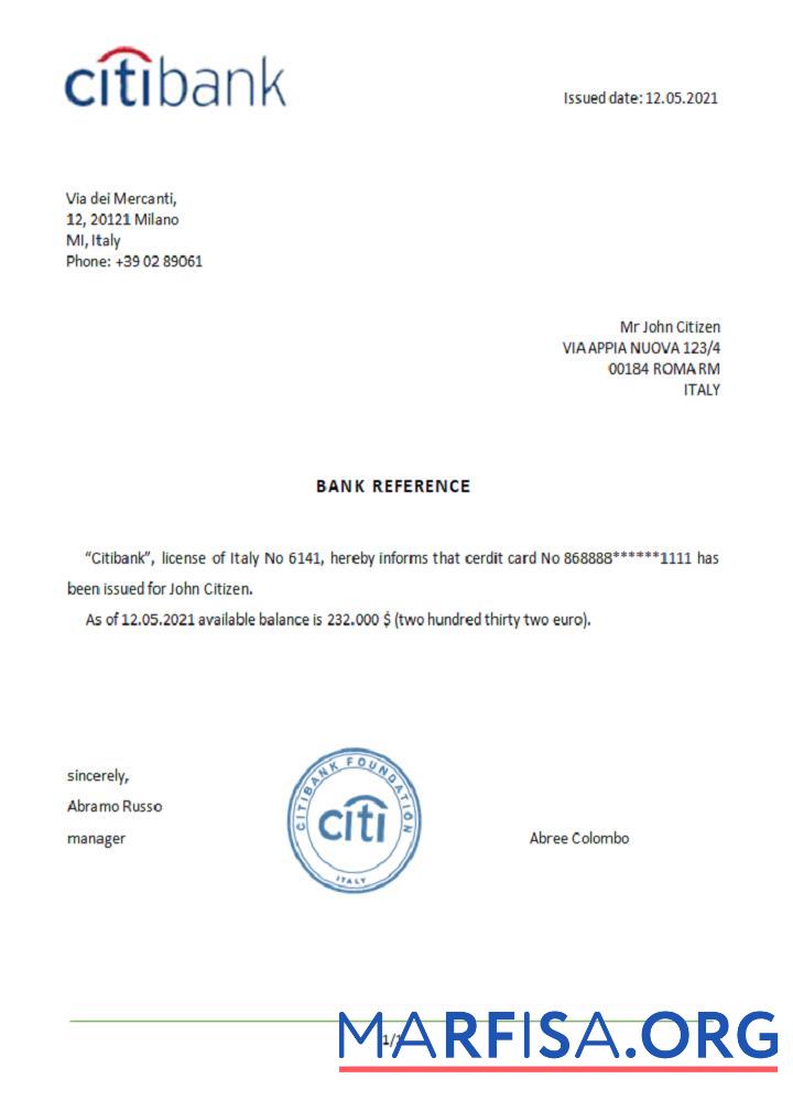 Printable Italy Citibank reference download for verification